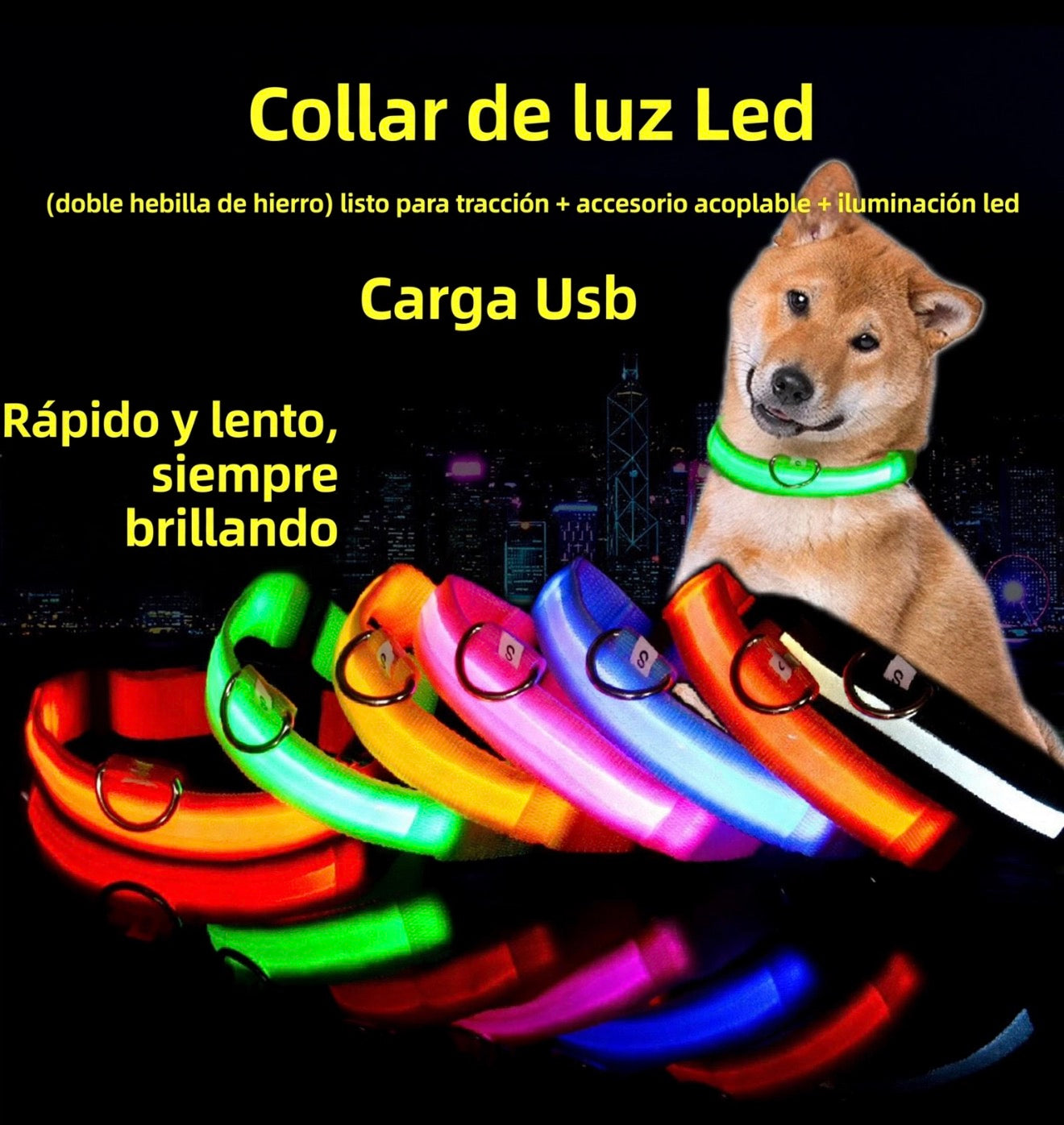Collar LED Ajustable para Perros con Carga USB